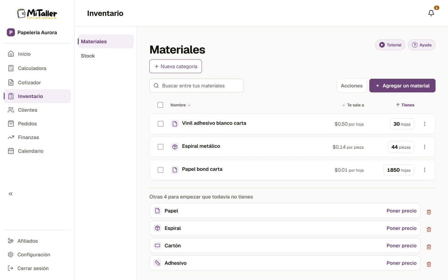 El inventario con las existencias de cada material y, encima, la ganancia del mes.