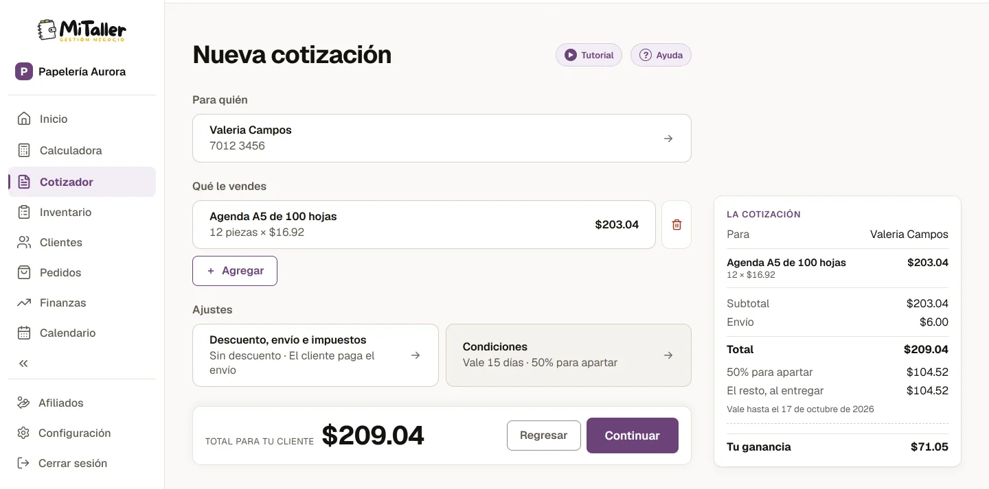 El cotizador armado, con su cliente, sus conceptos y el total.