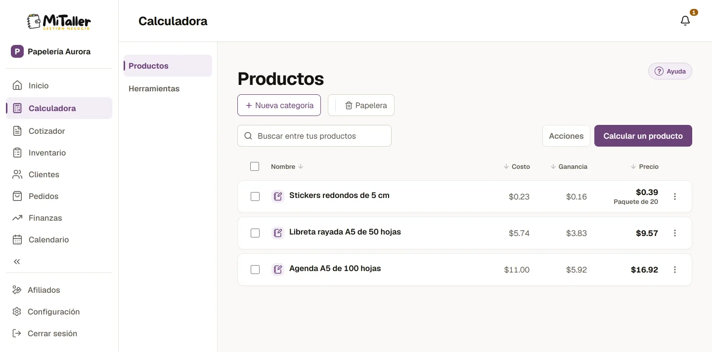 La lista de productos ya calculados, con su precio.