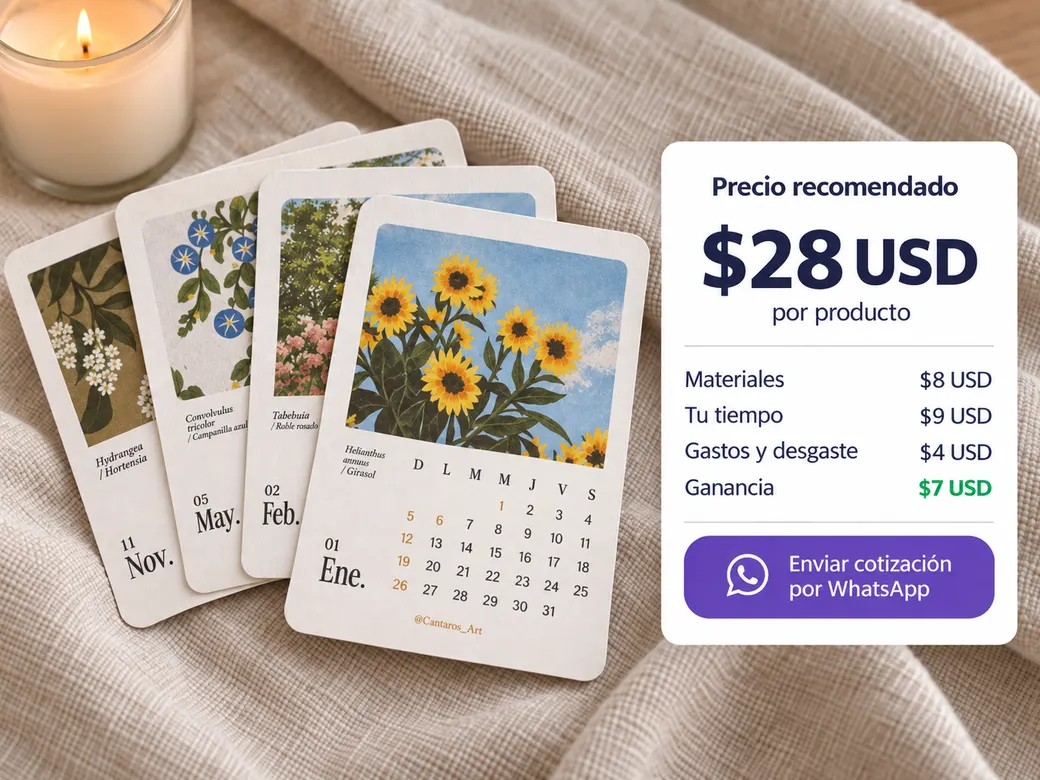 Unas tarjetas terminadas junto a su precio recomendado, de qué sale y el botón para mandar la cotización por WhatsApp.